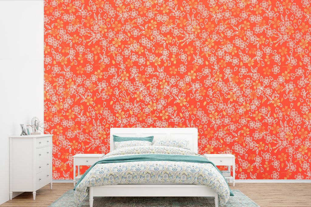 MuchoWow Fototapete für Wohnzimmer oder Schlafzimmer Wandtapete Vinyl Motivtapete Ein orange-weißes Blumendesign - 450x300 cm - Gemusterte