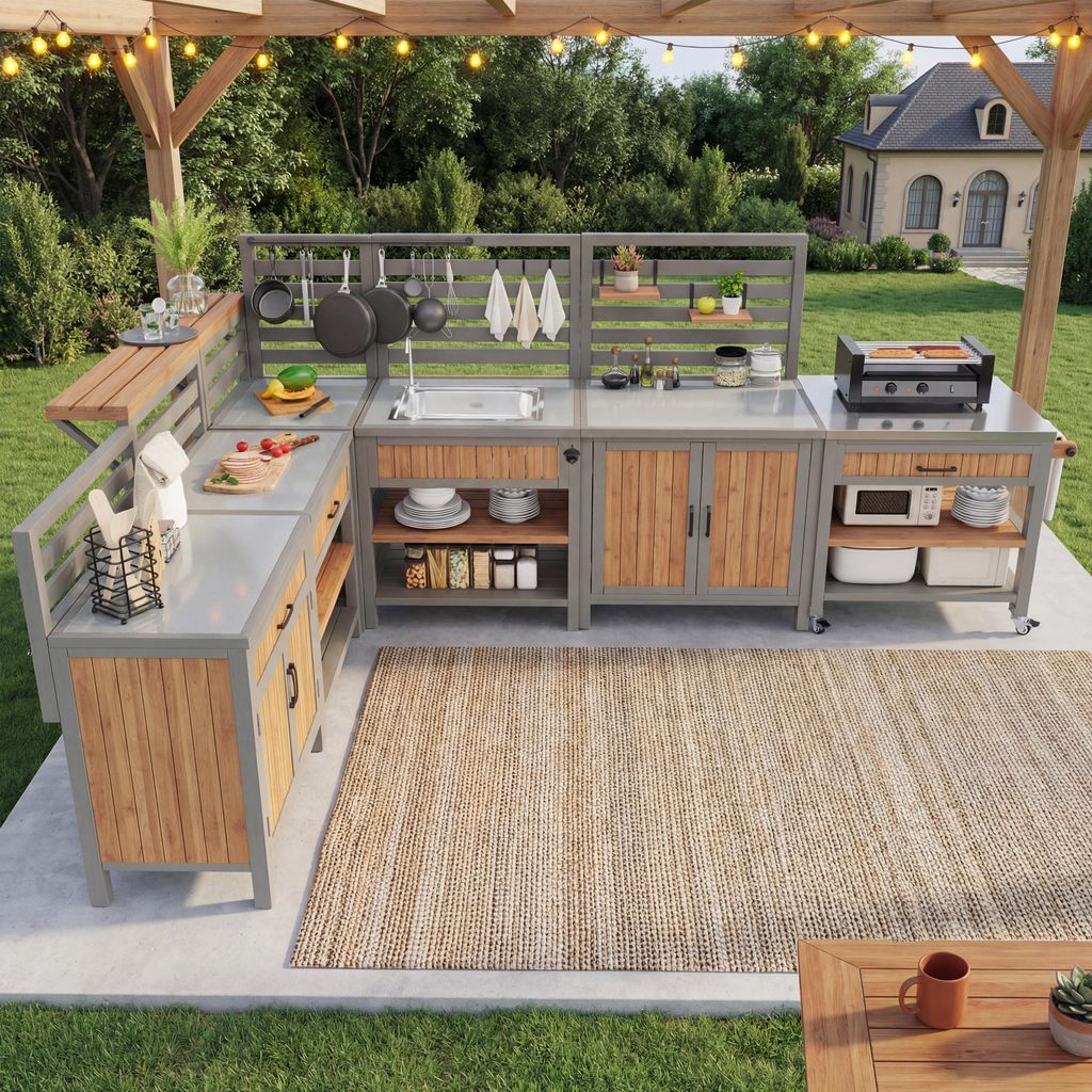 Merax BBQ Beistelltisch mit Spüle & Wasserhahn, mobiler Gartenschrank mit Edelstahl-Arbeitsplatte, Outdoor Grillstation mit Rollen & Flaschenöffner