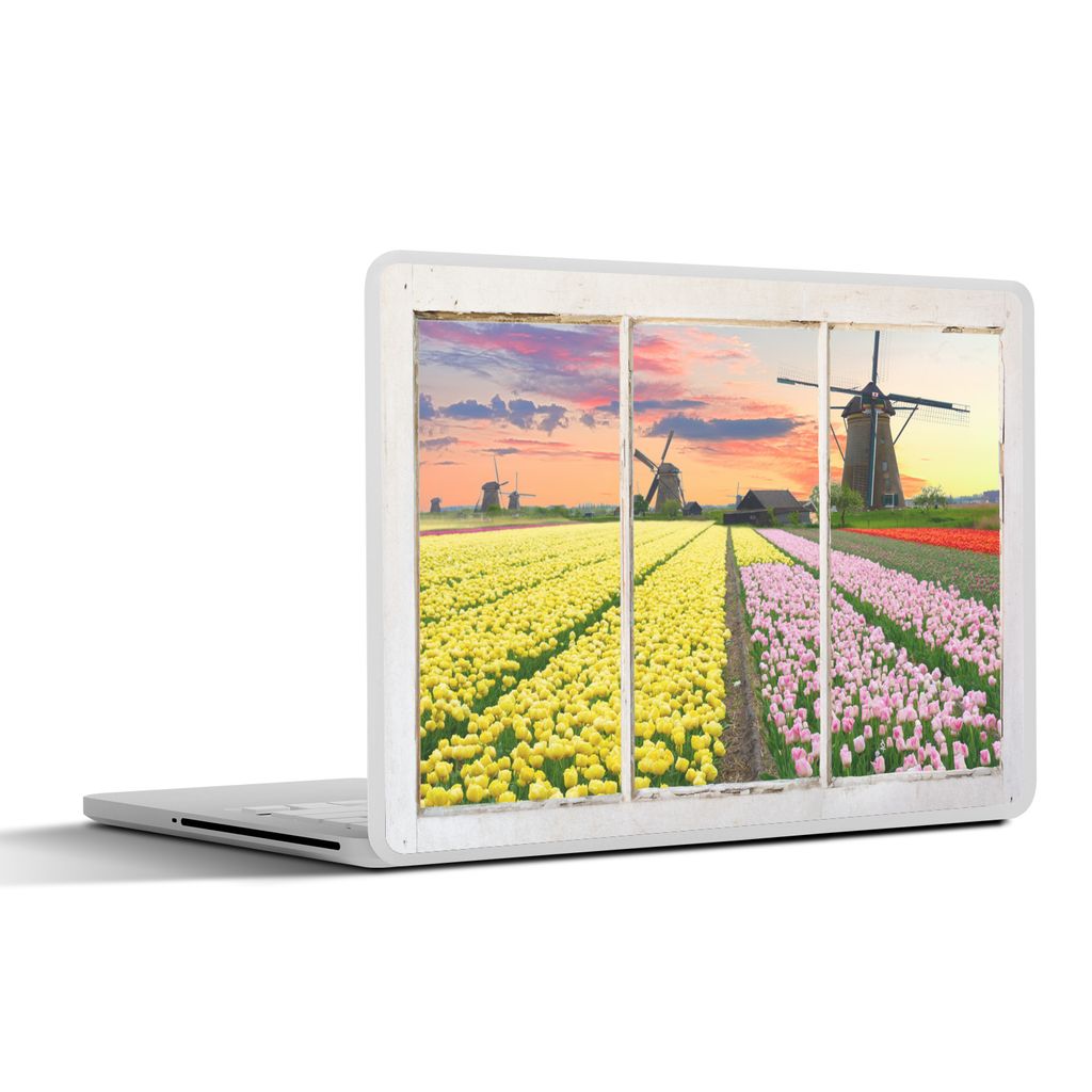 MuchoWow Laptop Aufkleber Sticker Cover Ansicht - Tulpen - Mühle 36.5x27.5 cm - Laptop-Sticker