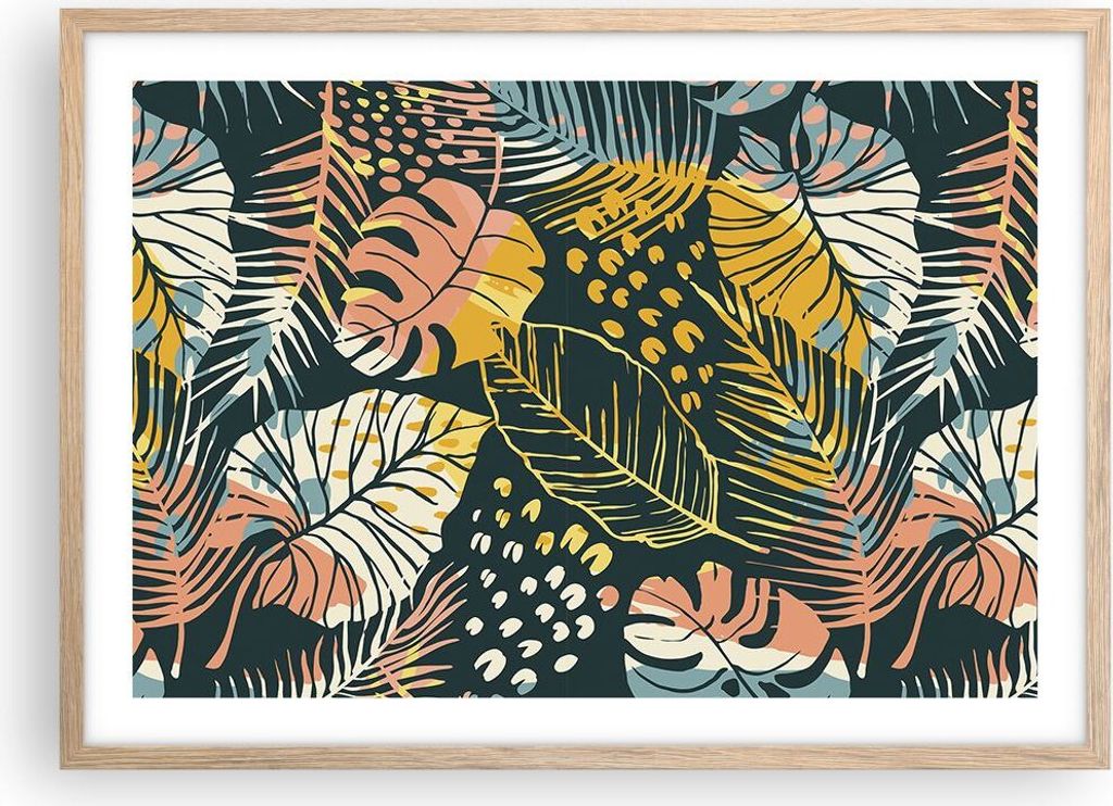 Gerahmtes Poster - Rahmen in heller Eiche - Blätter modern bunt - 70x50 cm - Wand Bild - Wanddeko - Wandbilder - Kunstposter - Wandposter - Bilder...