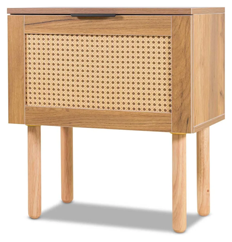Table de chevet Ikki en bois et rotin avec 1 tiroir de rangement chic