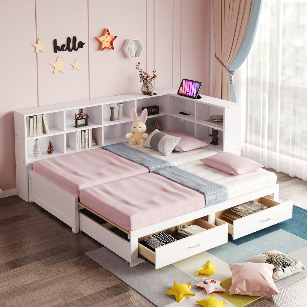 Flieks Tagesbett Daybed 90x190cm mit Ausziehbett, Kinderbett Jugendbett mit Schubladen und Staufächern, Klassisches Bett Stauraumbett, Weiß