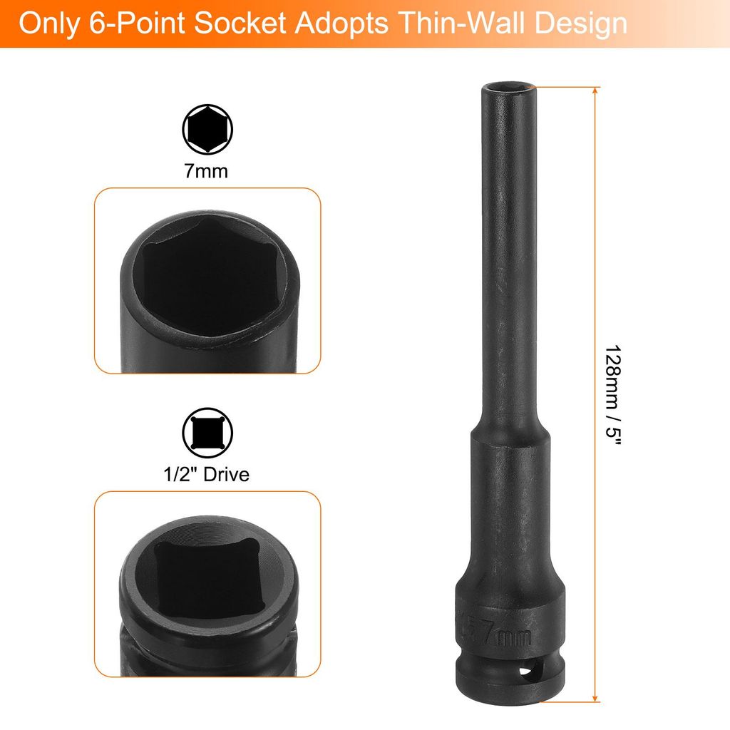 2 Stš¹ck Tiefe Dš¹nne Wand Schlagschrauber Stecknuss 7mm Metrisch 6 Punkt Stecknuss 1/2" Vierkant Antrieb 5" Lang CR-V Stahl Industriequalit?t ...