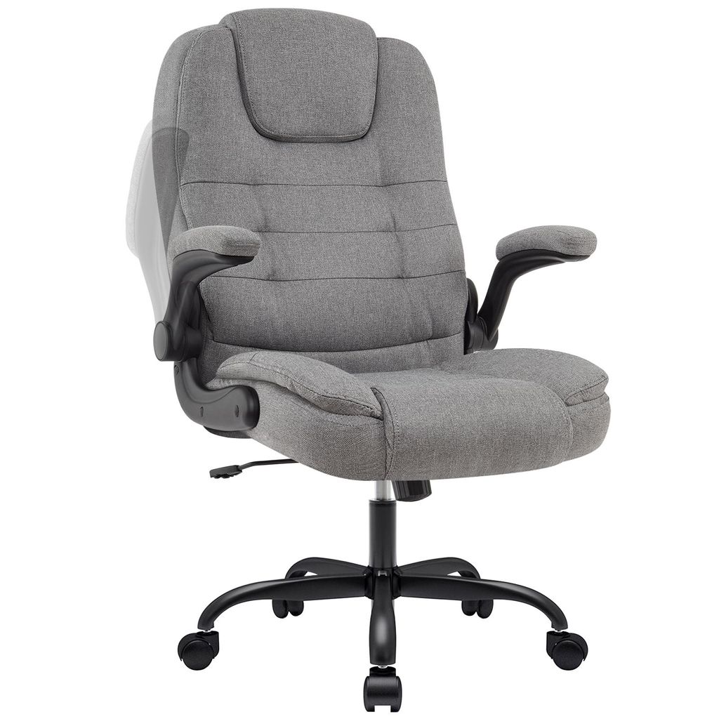 A gray office chair on a white background.