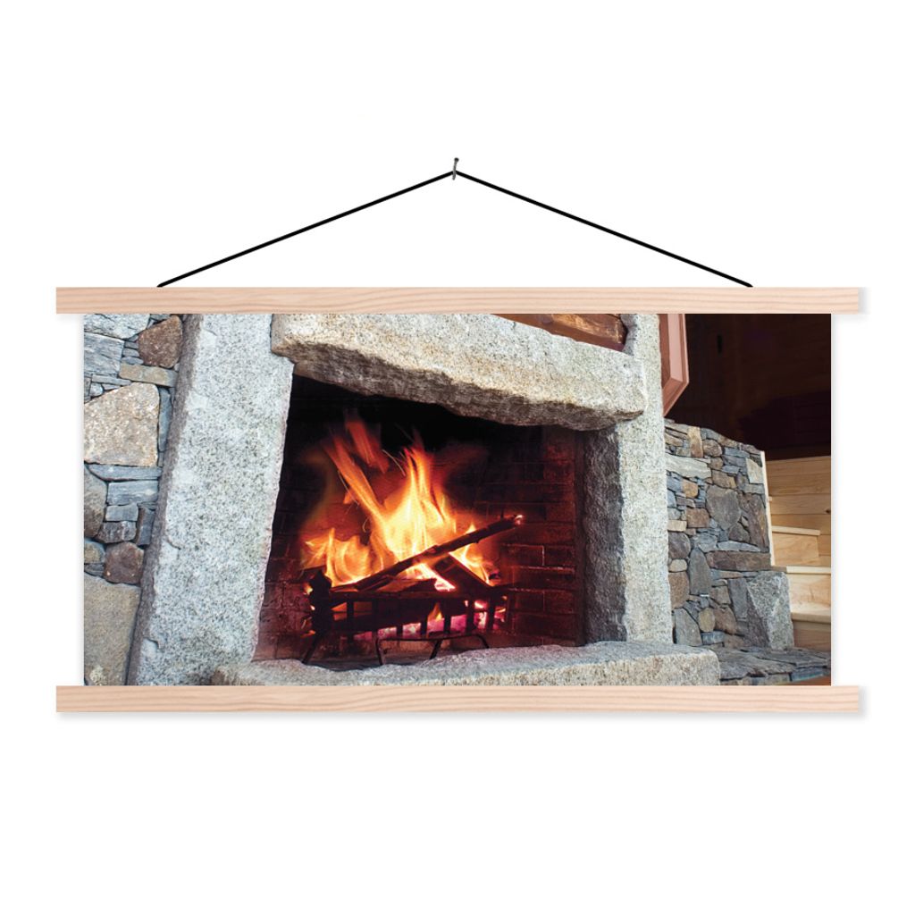MuchoWow Textilposter Kamin aus Stein 60x30 cm mit holzfarbenen Rahmen - Dekoration