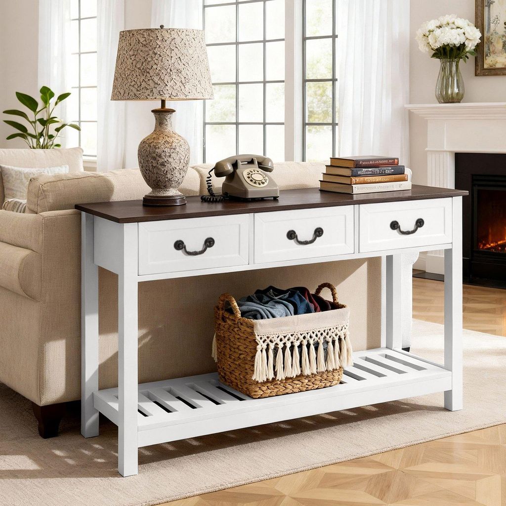 Konsolentisch - Flur- & Eingangstisch - Mit Schubladen und Ablagefach - Schmal und rechteckig - 120 x 30 x 80 cm - MDF und Spanplatte - Braun/Weiß