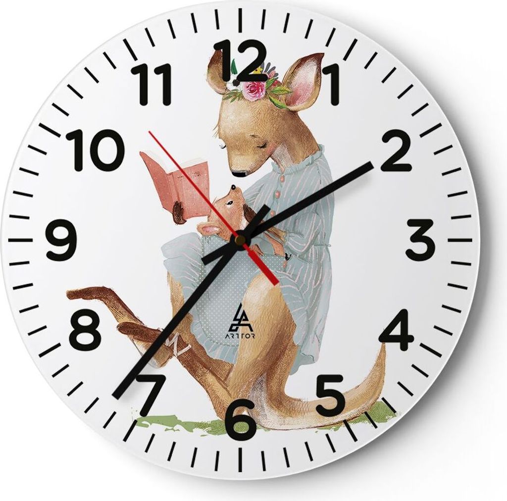 Wanduhr - Rund - Glasuhr - Känguru Mama Kind - 30x30cm - Schleichendes Uhrwerk - Lautlos - zum Aufhängen bereit - Dekoration Modern - Wanddekorat...