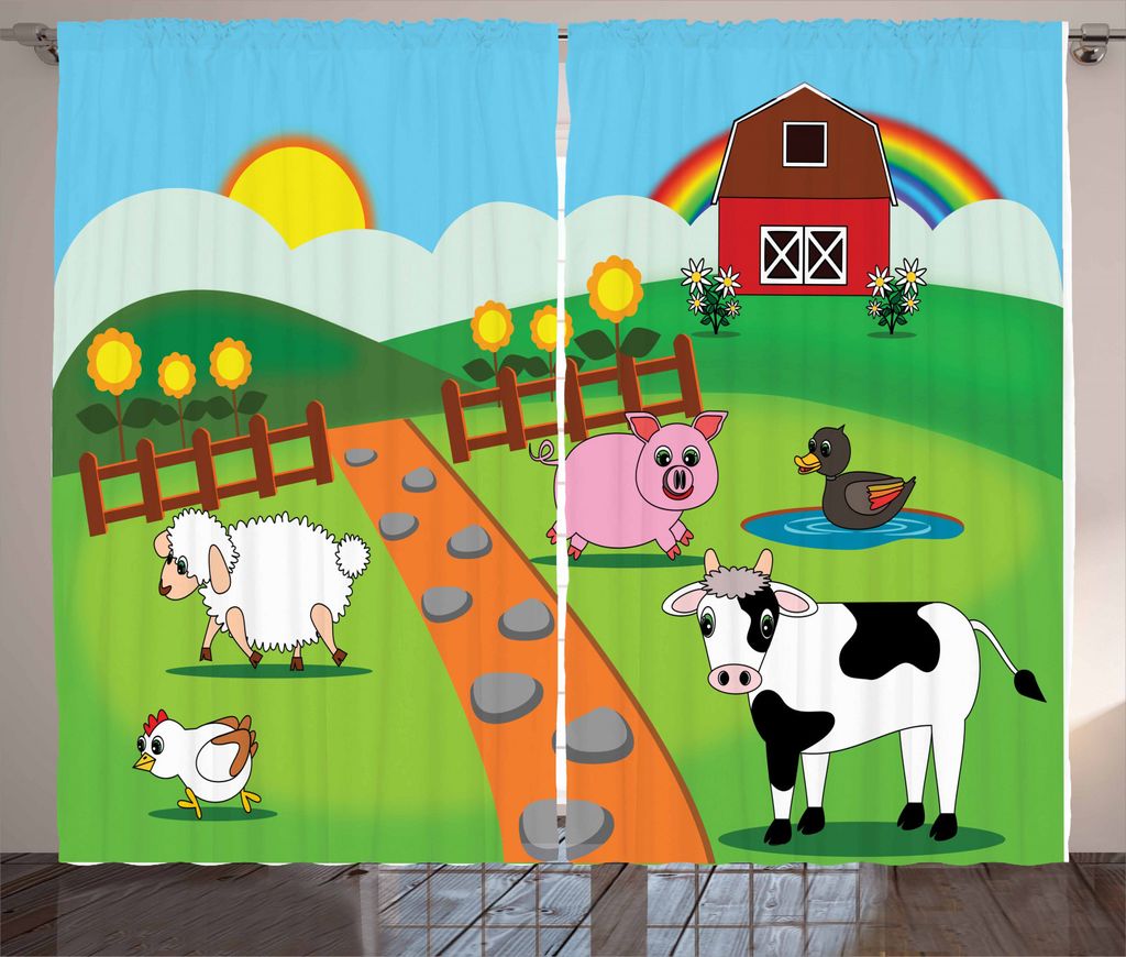 ABAKUHAUS Das Vieh Rustikaler Vorhang, Cartoon Bauernhof Leben, Wohnzimmer Universalband Gardinen mit Schlaufen und Haken, 280 x 245 cm, Mehrfarbig
