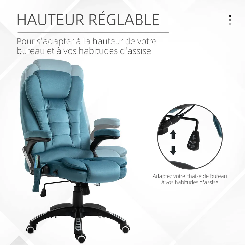 Fauteuil de bureau massant et chauffant en tissu bleu avec télécommande - 6