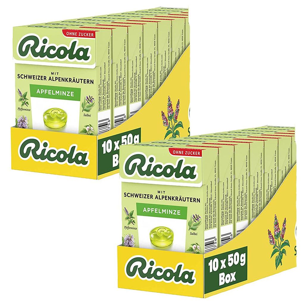 Ricola Apfelminze ohne Zucker im Böxli mild frisch 50g 20er Produktbild 