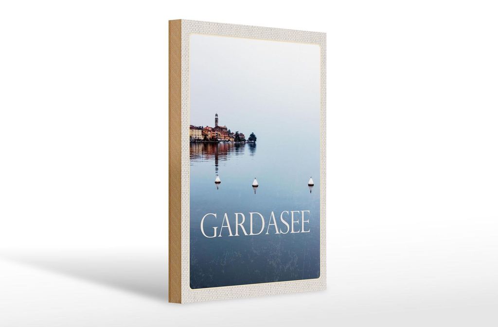 Holzschild Reise 20x30cm Gardasee Italien See Bäume Gebäude