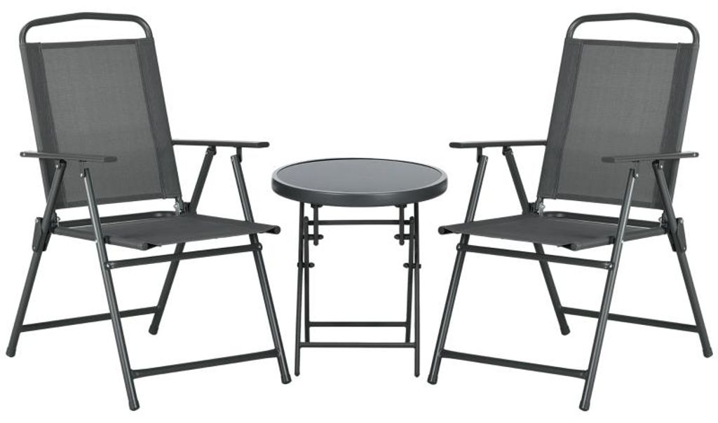 Bistro-Set 3-teilig aus Metall Wetterfest Gartenmöbel Set mit klappbar Glastisch Gartenstühlen Dunkelgrau