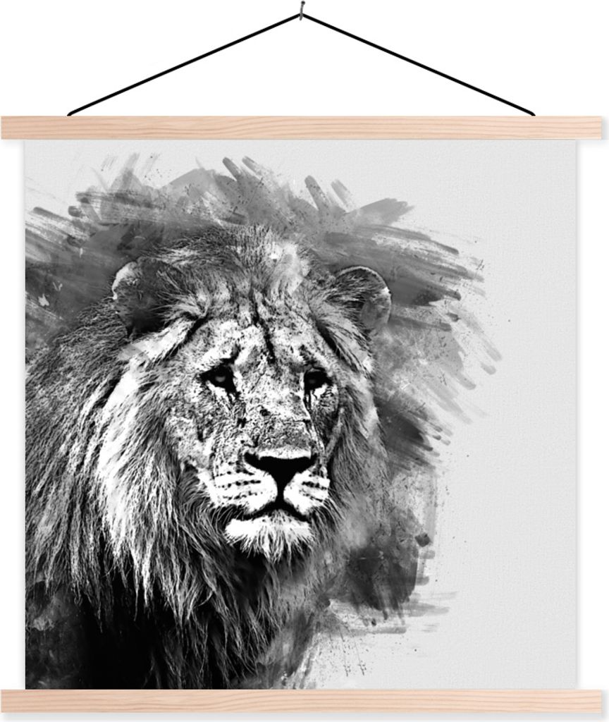 MuchoWow Textilposter Löwe - Schwarz - Weiß 40x40 cm mit holzfarbenen Rahmen - Posterleiste