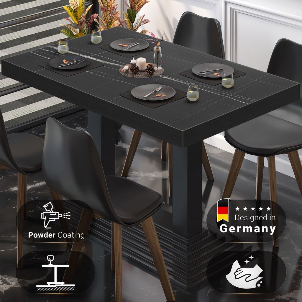 BPY | Bistro Tisch | 130 x 80 x 81 cm | Quadratisch | Schwarzer Rand | Schwarz Marmor / Schwarz | Bistrotisch Gastro Tisch