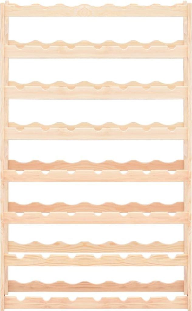 A wooden wine rack with multiple shelves.