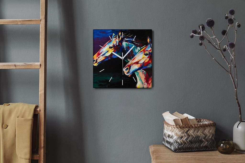 Coloray Hodiny Unikátní 30x30 cm Tiché hodiny Pro obývací pokoj a kuchyň Nástěnné hodiny Plátno Bílé ručičky hodin - Zvířata koně
