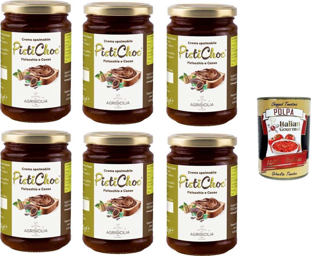 Agrisicilia Pistichoc Crema spalmabile al Pistacchio e Cacao Streichfähige Creme mit Pistazien und Kakao 6x360gr + Italian Gourmet polpa 400g
