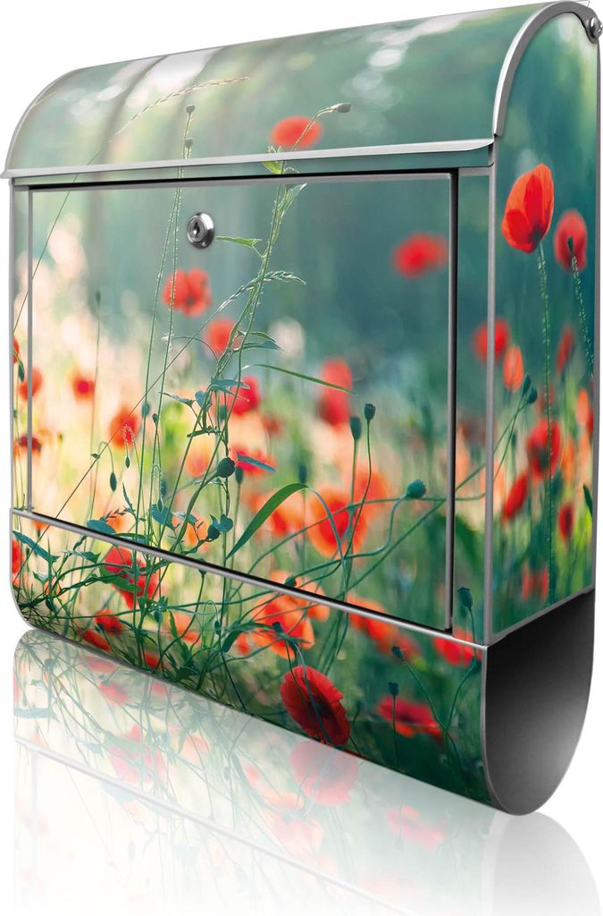 banjado Design Briefkasten Stahl silber mit Zeitungsfach pulverbeschichtet "Waldmohn" 38x46x12,5cm & 2 Schlüssel - Postkasten A4 Einwurf inkl. Mon...