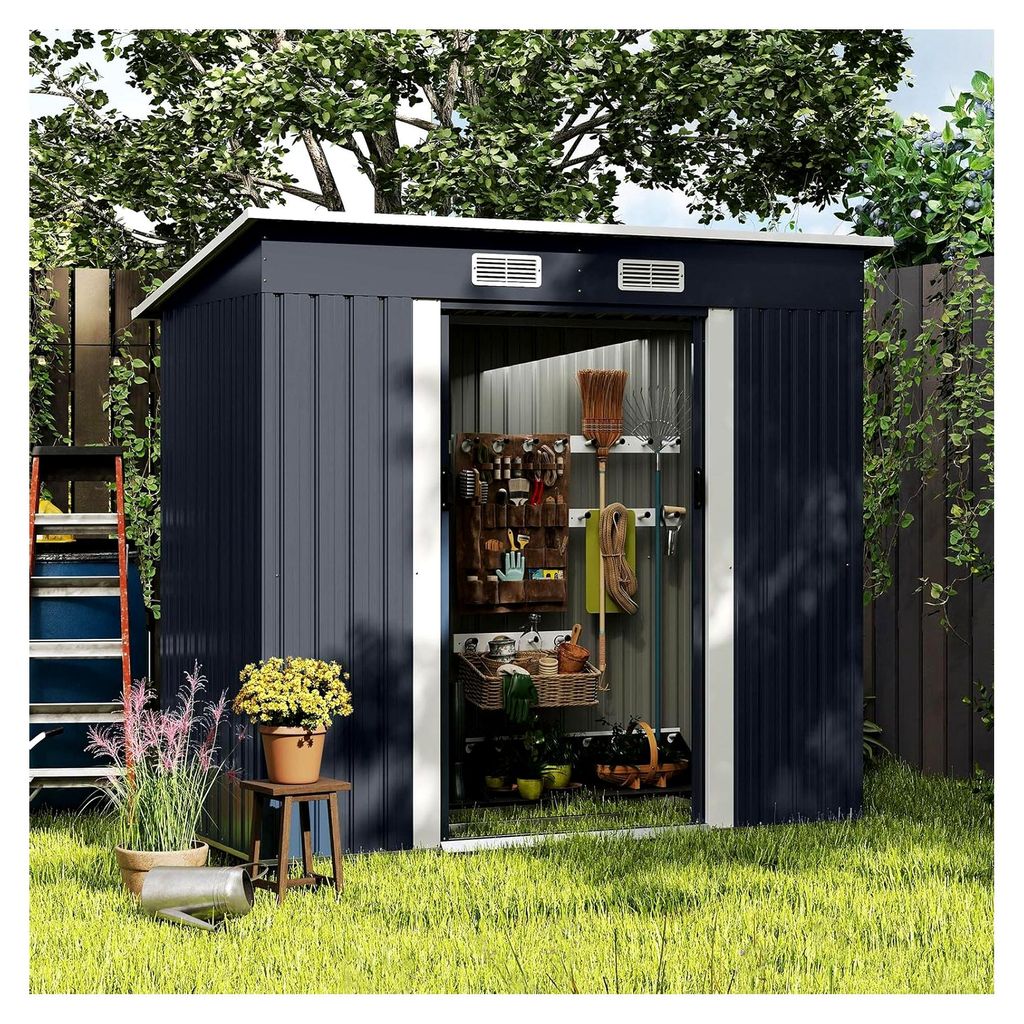 Geräteschuppen mit Pultdach und Schiebetüren, Gartenhaus mit Luftventilen und verzinktem Metallrahmen, Fahrradgarage für Garten, Rasen, Terrasse...