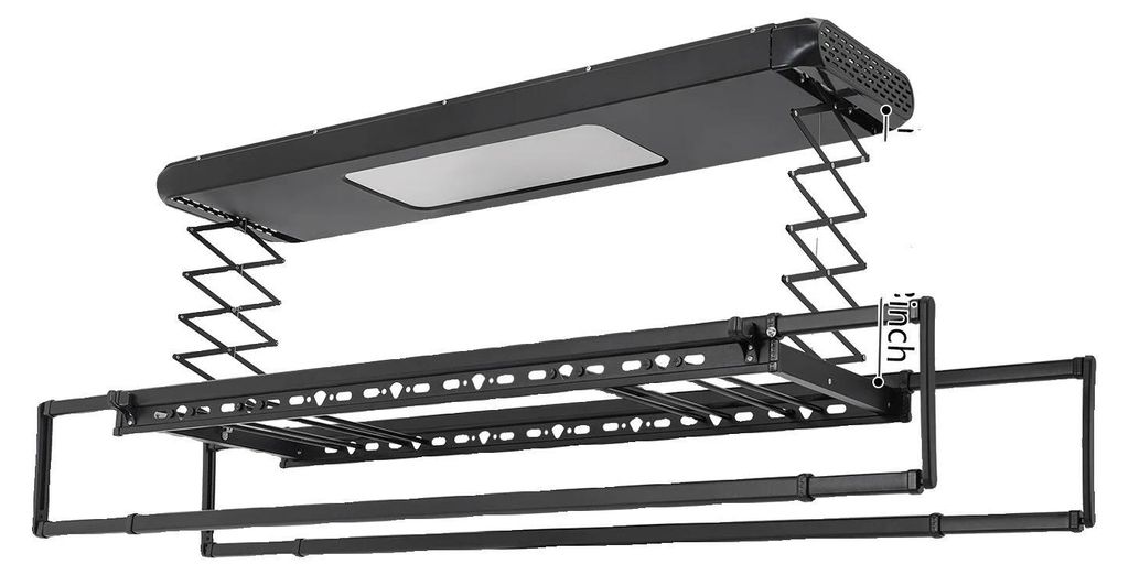 A black electric telescopic clothes dryer mounted on the ceiling.