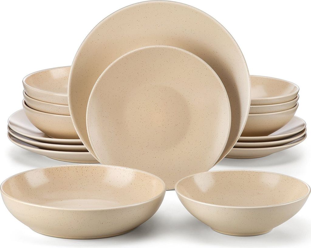 A set of beige ceramic dishes stacked and arranged on a white background.