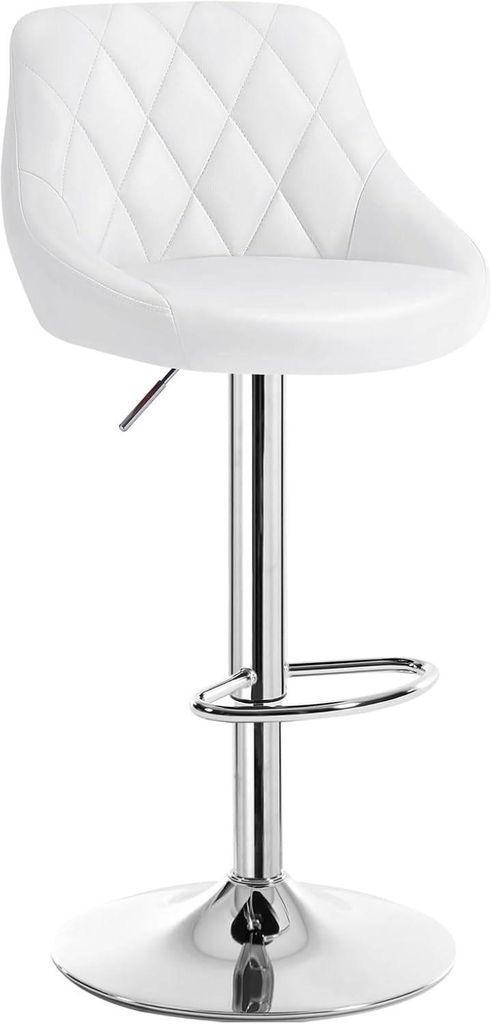 A white bar stool with a chrome base and adjustable height.