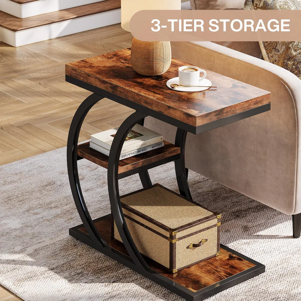 Table d'appoint C 60 cm à 3 niveaux style industriel en bois naturel - 5