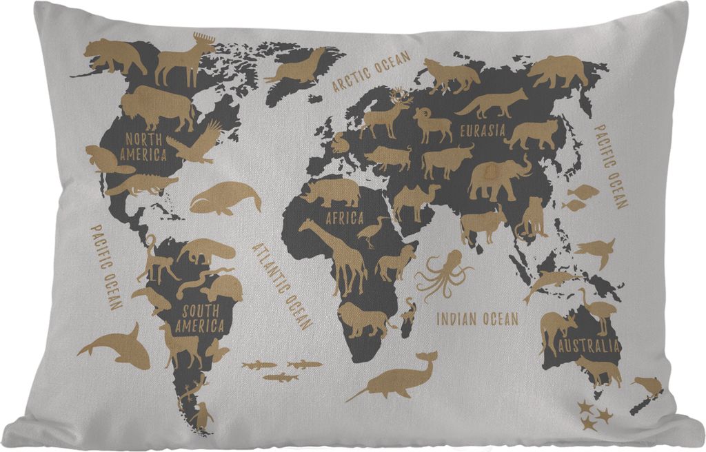 MuchoWow Outdoor Kissen - Weltkarte - Grau - Tiere - 60x40 cm - Wetterfest - Lounge Kissen - Zierkissen - Kissen für Innenräume