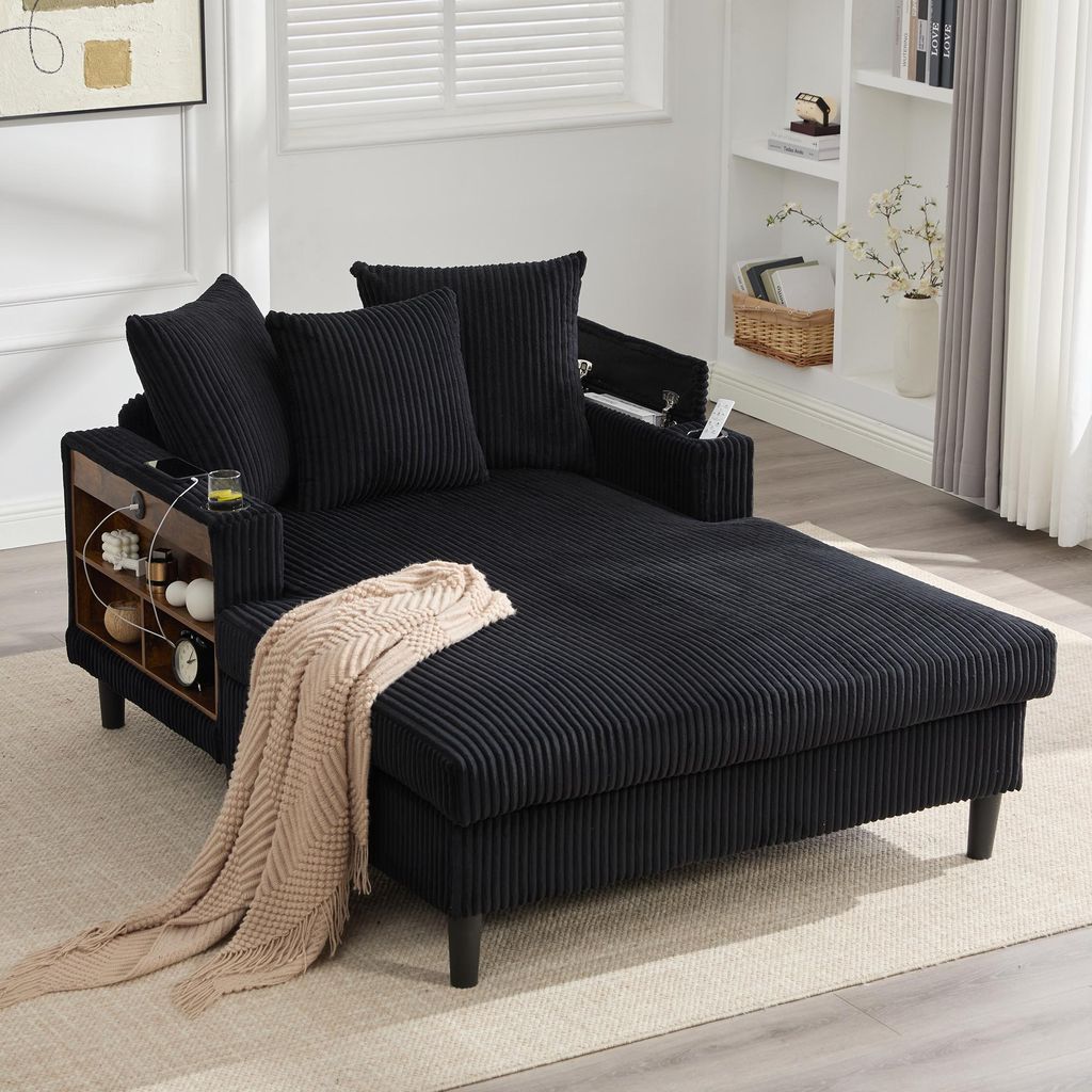 Multifunktionale Cord-Lounge mit Chaiselongue, Schwarz, LED, USB