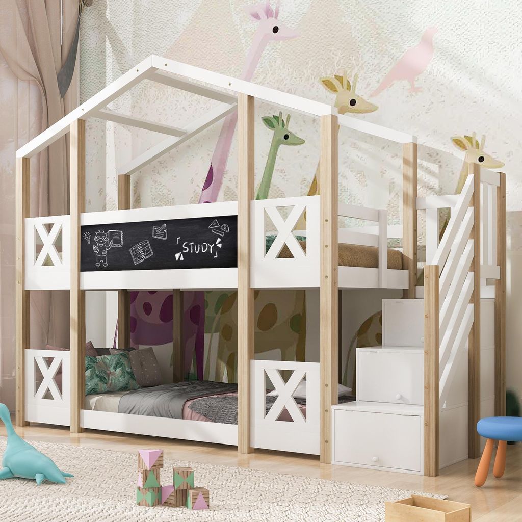 Flieks Etagenbett 90x200cm Kinderbett mit Tafel, Hochbett Produktbild 