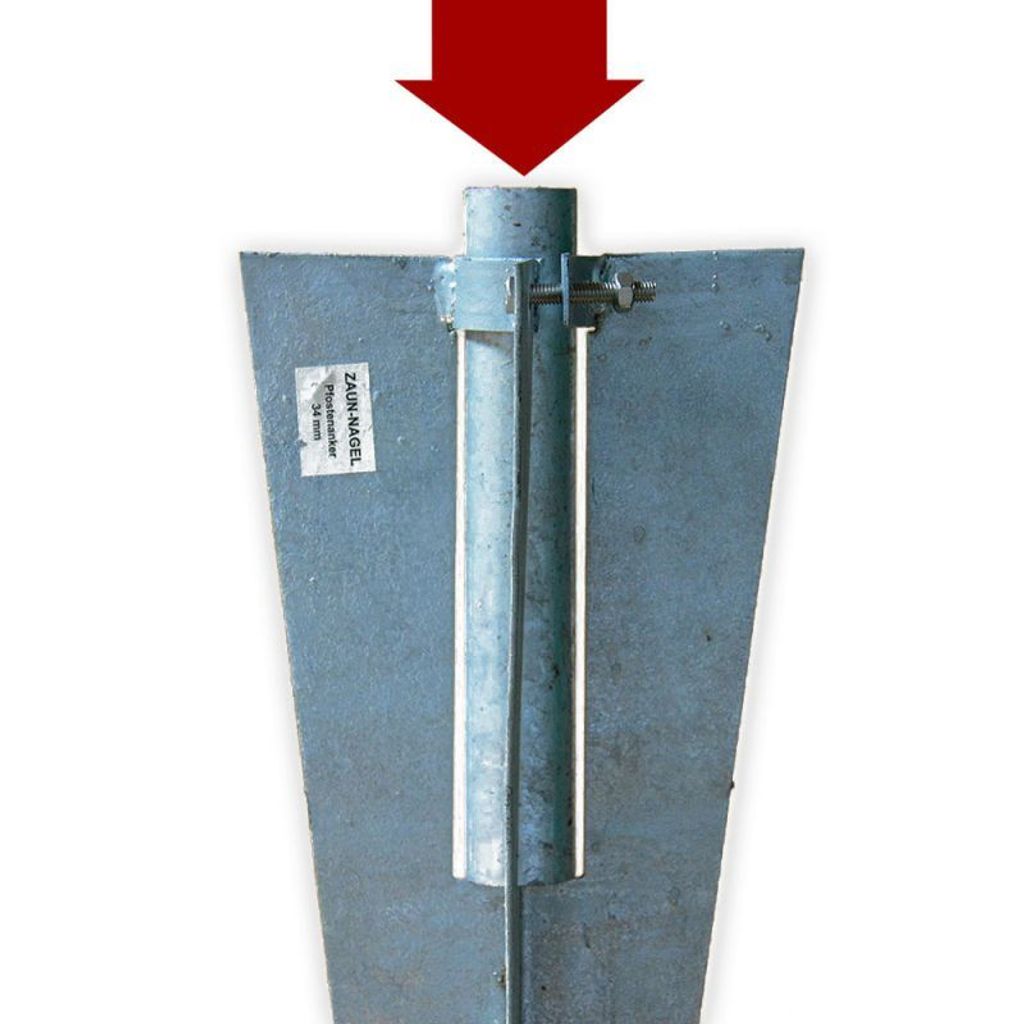 A metal stake with a pipe attached, with a red arrow pointing down at the top of the pipe.
