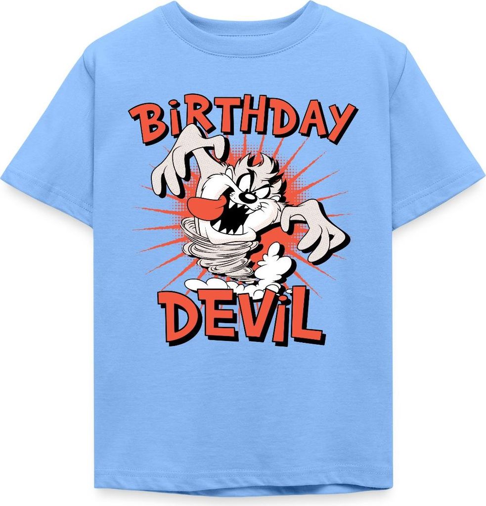 Spreadshirt Looney Tunes Taz Tasmanischer Teufel Geburtstag Kinder T-Shirt, 98/104 (3-4 Jahre), Himmelblau