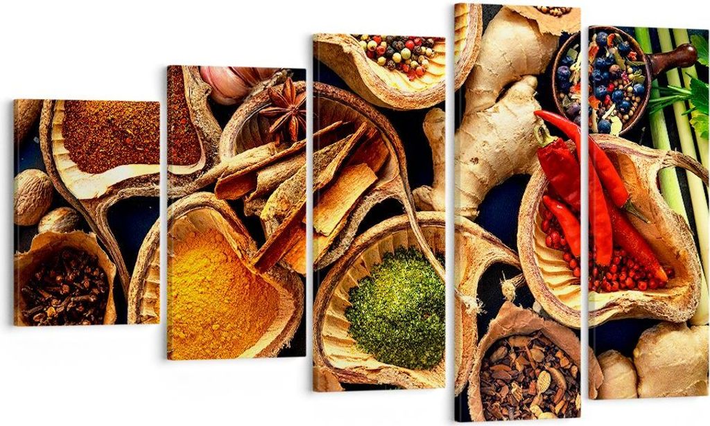 Bild auf Leinwand - Leinwandbild - Küche Essen Kräuter Gewürze - 100x60cm - Wand Bild - Wanddeko - Leinwanddruck - Bilder - Kunstdruck - Wanddek...