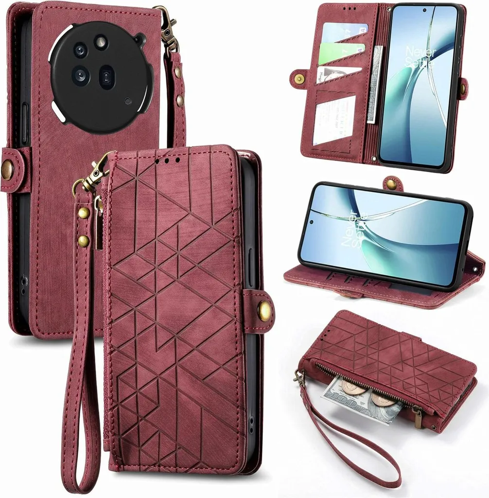 Custodia Wallet per Nothing Phone 2a Rosso Zipper Design Geometrico