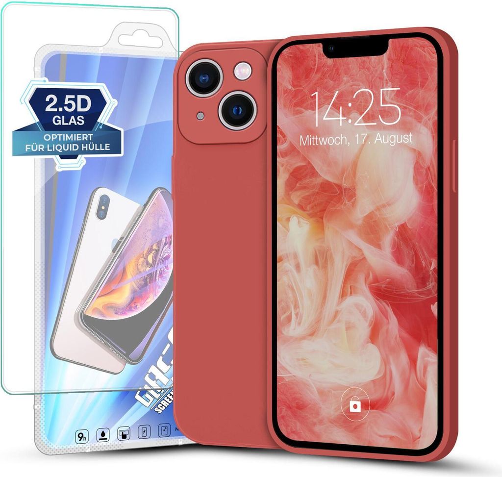 Hülle für iPhone 15 mit 9H Displayglas Displayschutz Plus Case Cover Bumper Silikon Softgrip Schutzhülle Farbe: Rot