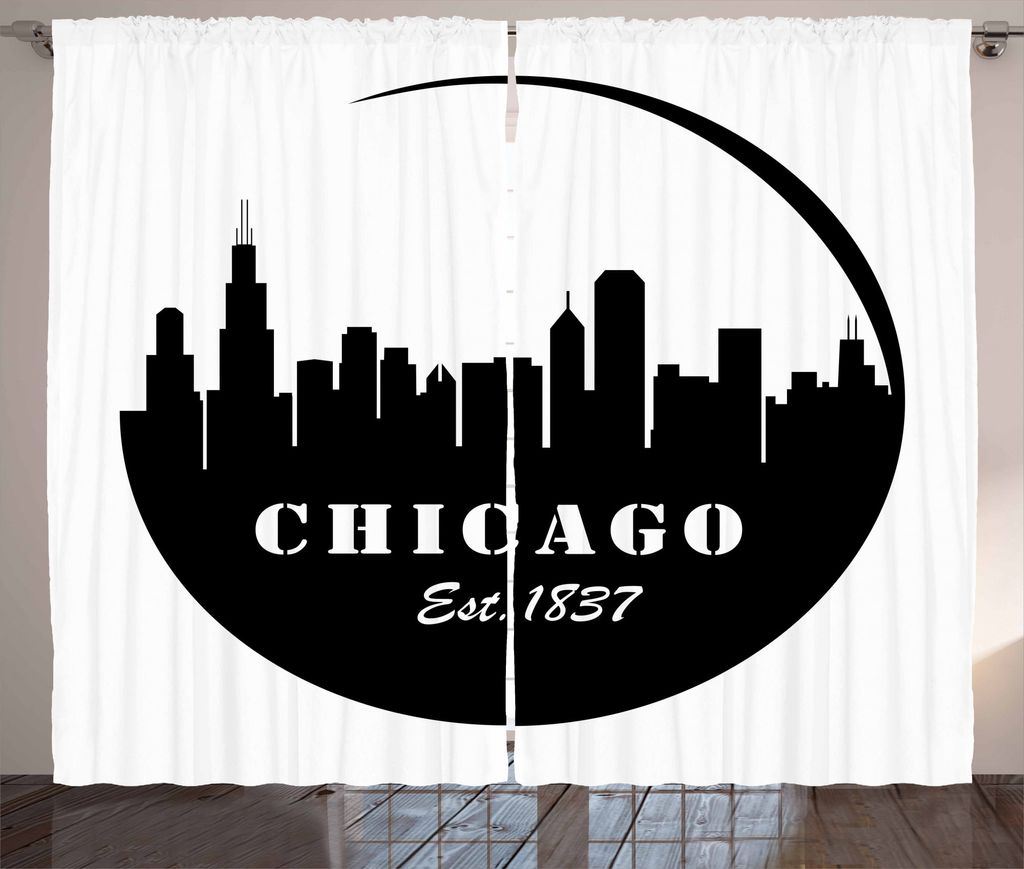 ABAKUHAUS Chicago Skyline Rustikaler Gardine, schwarz Panorama, Schlafzimmer Kräuselband Vorhang mit Schlaufen und Haken, 280 x 175 cm, Schwarz un...