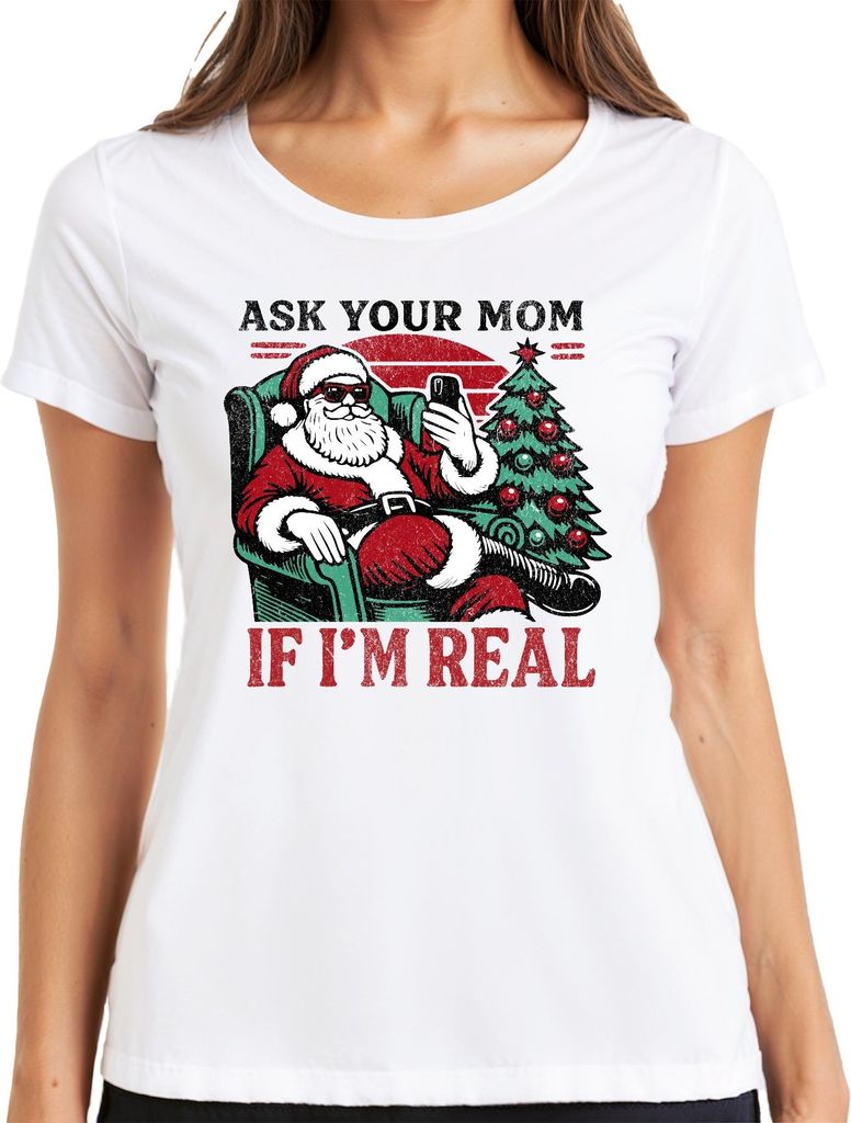 Santa Christmas Ask Your Mom If I'm Real Funny Retro Damen T-Shirt, Weiß, XXL