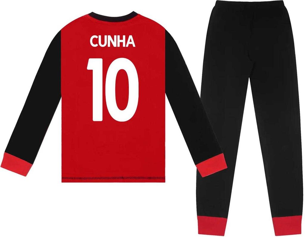 Manchester United FC - "Matheus Cunha 10" Schlafanzug mit langer Hose für Jungen GF851 (140) (Rot/Schwarz)