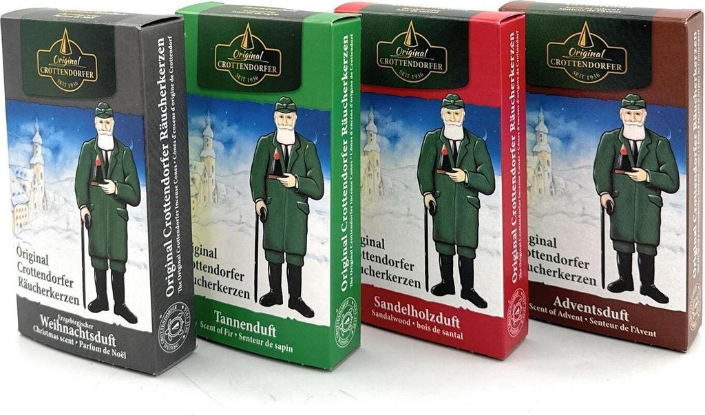 Four boxes of Crottendorfer Räucherkerzen (incense cones) in different scents, arranged diagonally.