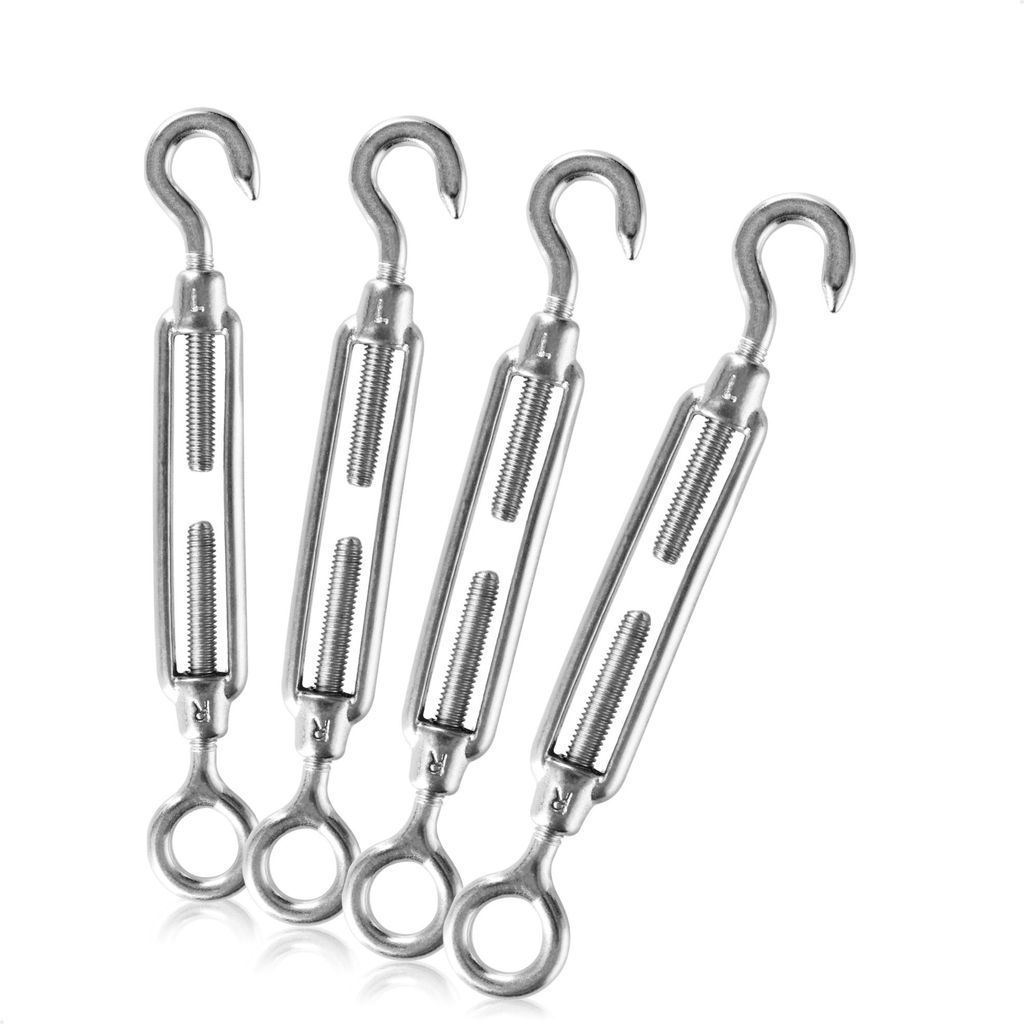 com-four 4x Spannschloss M4 Haken und Öse, Spannschlösser aus rostfreiem Edelstahl 304, Seilspanner zur Befestigung von Sonnensegeln, Rankhilfe...