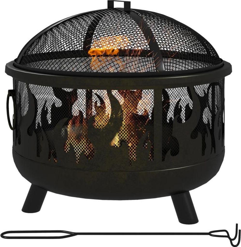 Feuerschale Feuerstelle, inkl. Funkenschutz, 1 Schürhaken, Ø61,5 cm x 52 cm, Schwarz