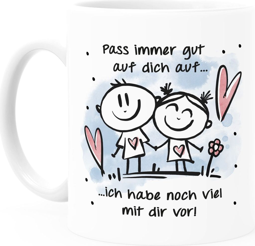 Kaffee-Tasse Liebe Pass auf dich auf Spruch Herz Geschenk Valentinstag Jahrestag Partner SpecialMe Uni-Weiß Keramik-Tasse