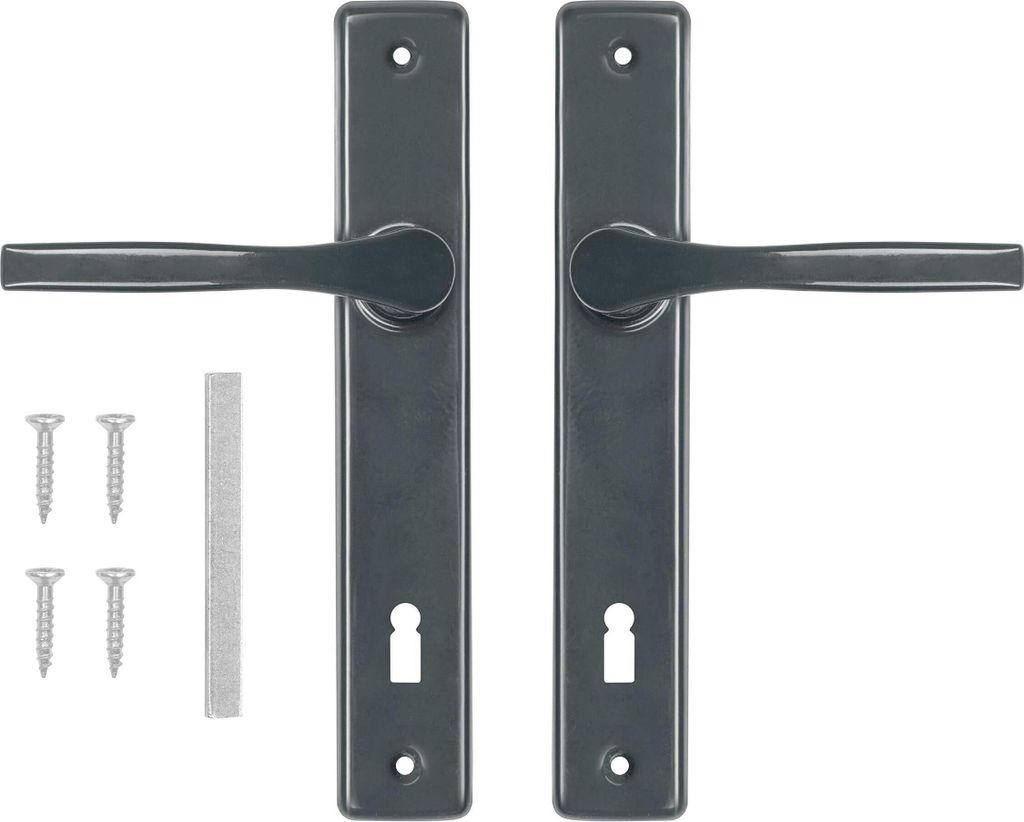 A set of door handles and screws on a white background.