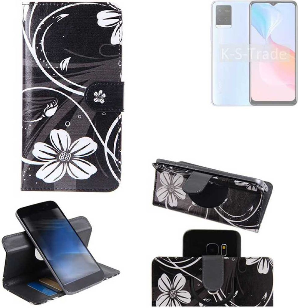 K-S-Trade Schutzhülle Handyhülle kompatibel mit Vivo Y21 Hülle 360° Wallet Case “Flowers“ Klapphülle Hülle schwarz-weiß 1x