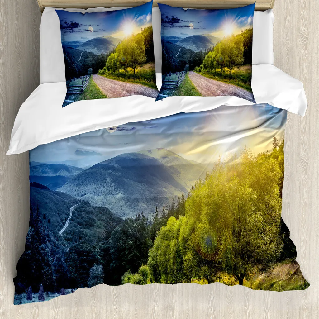 ABAKUHAUS Copripiumino Ackerland, con motivo luna e sole, antiacaro, adatto a chi soffre di allergie, con federe, 155 cm x 220 cm - 80 x 80 cm, verde blu