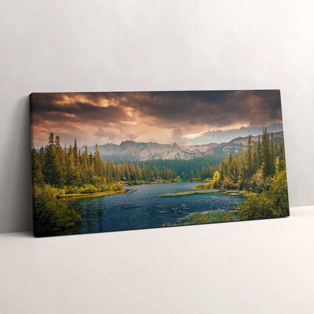 Landschaft mit Wald, Bergen und See – Leinwandbild Wandbild – 100x50 cm – Leinwandbilder – Wandbilder – Schlafzimmer – Flur