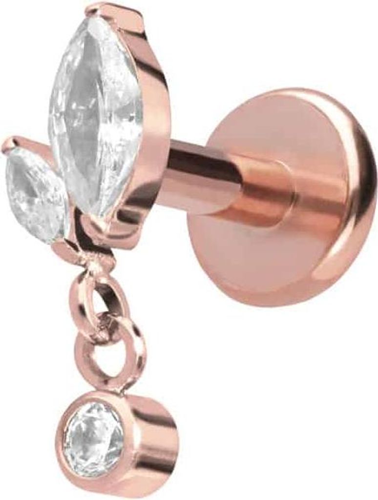 Ohrpiercing, Nasenpiercing Titan Labret mit Push Fit KNOSPE + KRISTALL RoséGold Stablänge: 6mm | Stabstärke: 1,2mm