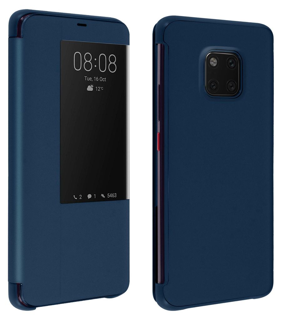 A dark blue flip cover for a Huawei Mate 20 Pro phone is shown from two angles, with the front cover displaying a smart view window showing the time and date.