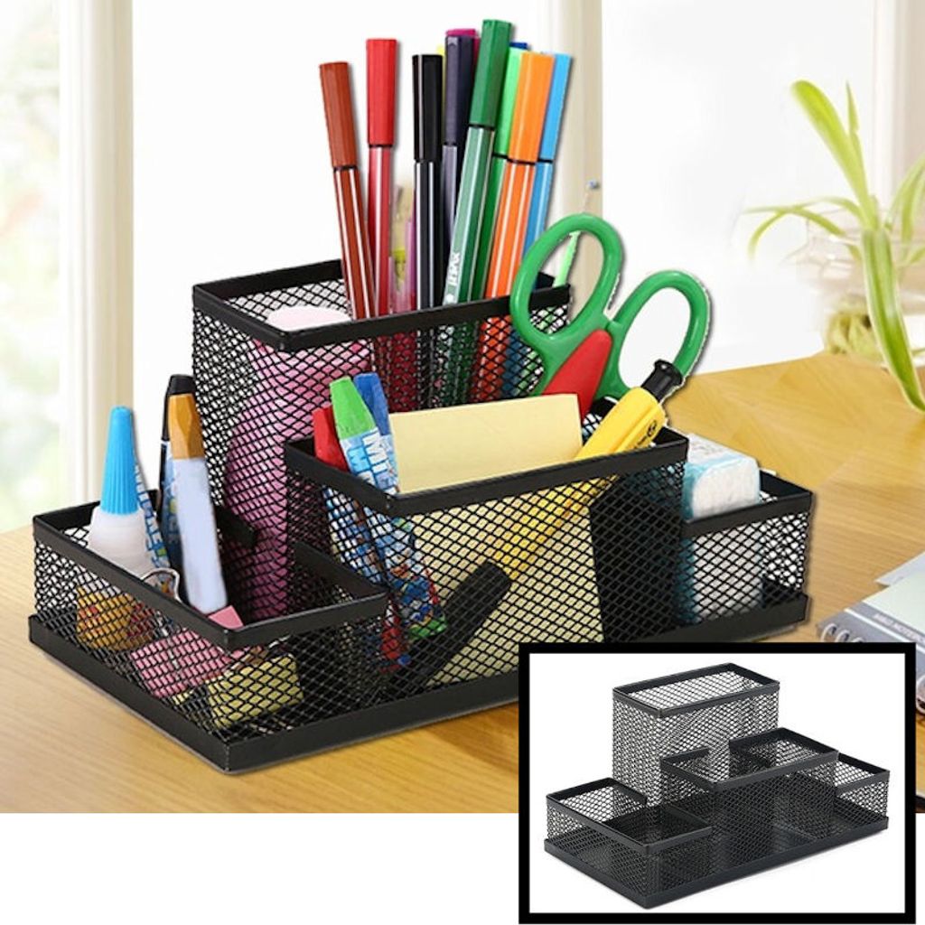 Stiftablage mit 4 Fächern für Stifte, Bleistifte, Notizblock / Post-It und Büroklammern usw. - Mesh-Schreibtisch-Organizer - Metall- / Mesh-Stif...