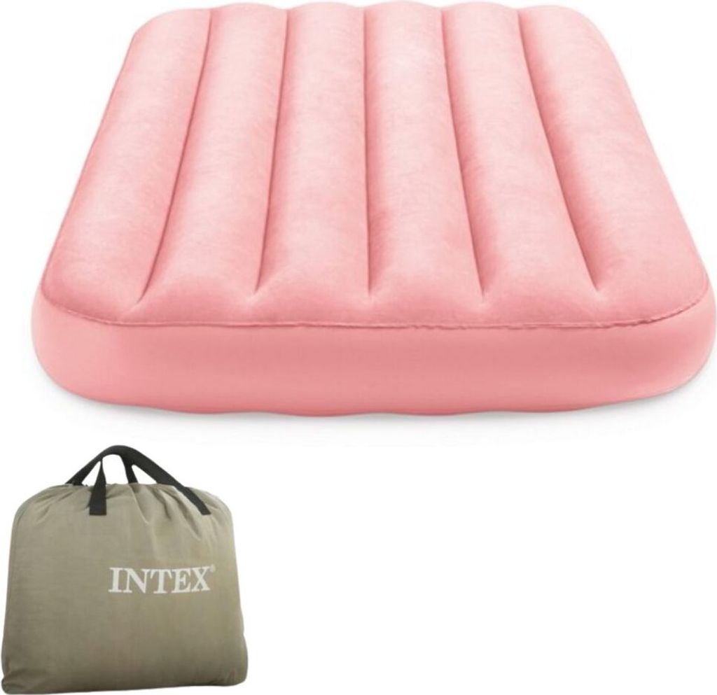 An inflatable mattress and its storage bag, both from the brand Intex.